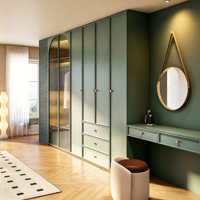 Armoire de chambre en bois vert avec portes vitrées cintrées, ensemble coiffeuse moderne pour rangement d'angle de chambre