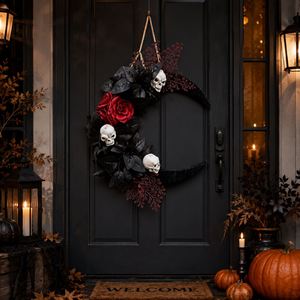 Party Supplies Gothic Black Rose Hanging 35Cm Spooky Front Door Wall <b>Decor</b> <b>Halloween</b> Skull Crescent Moon Wreath - Product Image 2