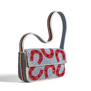 Custom Embroidered <b>Canvas</b> <b>Bag</b> With Red Lettering And Striped Handle Fashion Promotional Tote Glass Beads - Product Image 1