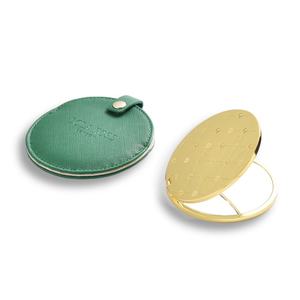 Double Side Debossed Logo Gold Color Compact Pocket <b>Mirror</b> With Green PU Pouch - Product Image 3