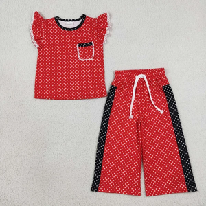 ชุดเสื้อแขนสั้นมีกระเป๋าสำหรับเด็กผู้หญิง กางเกงลายจุด - Product Image 6