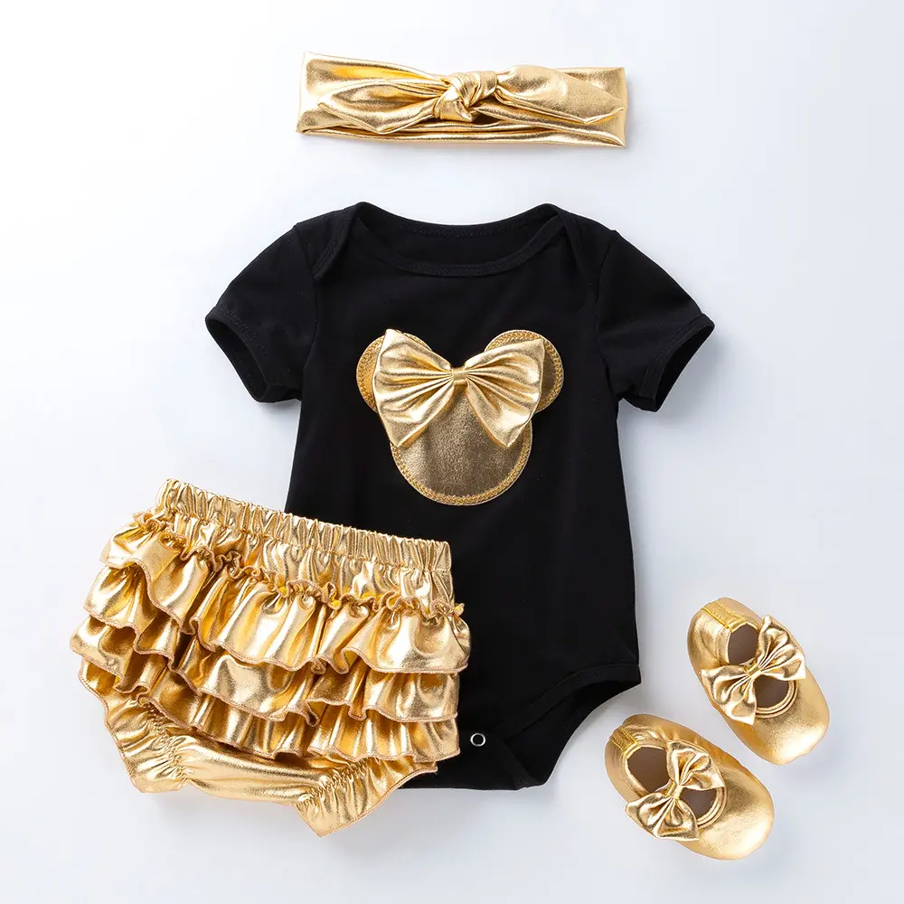 2022 baby boutique clothes Baby Girls Romper gold shoes headband Cotton Jumpsuit 4pcs baby clothes gift set