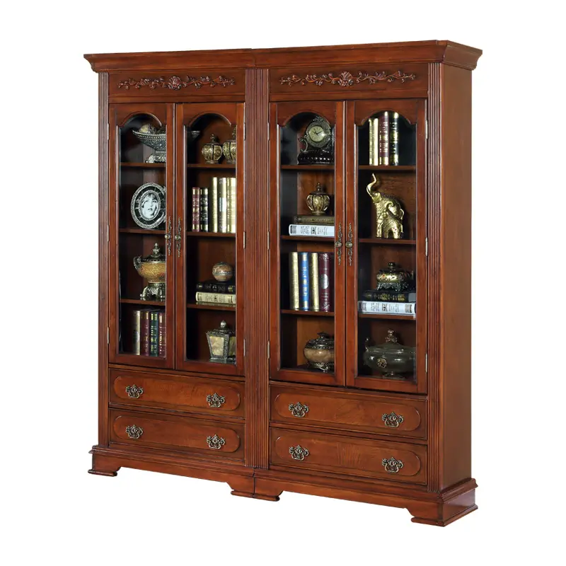 Meilleure vente Style américain antique sculpté à la main en bois double porte bibliothèque porte en verre affichage maison bureau bibliothèque meubles