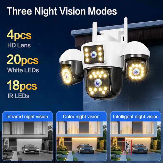 Oem Cctv 16mp 4-lens Ptz Camera Wifi Security Camera Ip66 Ai Human Tracking Color Night Vision Siren for Perimeter Security