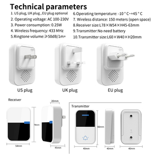 Campanello RF433 con Portata di 150m, Wireless, Impermeabile IP44, 38 <span class=keywords><strong>Suonerie</strong></span>, Senza Batteria, Wi-Fi, Durata Batteria 10 Anni, per Uso Alberghiero, Design Moderno - Product Image 6
