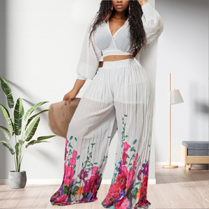 Conjunto de Dos Piezas de Alta Calidad para Mujer, Top Corto Informal con Estampado Floral y Pantalones Anchos, Moda Femenina - Product Image 2