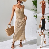 Robe de plage longue à bretelles ajourée sexy, style européen et américain, avec franges, sans manches, tricotée, respirante, 100% [matière]