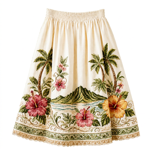 Jupe Hawaïenne en Chiffon Brodé Floral Tropical Personnalisée pour Femme, Taille Élastique, Coupe Évasée, Tenue de Plage Estivale, Vente en Gros, Fabrication OEM - Product Image 1