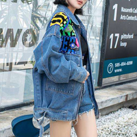 OEM personnalisé dessin animé taille-serré veste en jean femmes style ample haute rue veste femme à manches longues bleu jean manteau