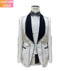 남성 세트 사용자 정의 로고 <span class=keywords><strong>3</strong></span> 조각 옴므 블레이저 손으로 수 놓은 무도회 자수 화이트 정장 럭셔리 남성 결혼식 - Product Image 1