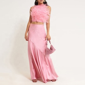 BAOLA Clothing Factory Women Amethyst Colored Air-satin and Adorned with Hand-placed Feathers Light <strong>pink</strong> Satin <strong>Silk</strong> <strong>Tops</strong> - Product Image 3