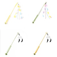 Baguette de jeu pour chat de dessin animé, auto-entretenue, anti-ennui, avec plume et pompon, longue tige en plastique durable, jouet à mâcher pour chatons, brûle l'énergie