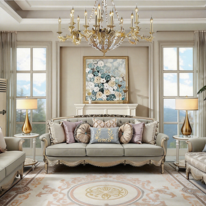 European <strong>Gold</strong> Trim Fabric Upholstery Living Room Furniture Set Decorative Wood Carve Classic Leather <strong>Sofa</strong> for Mansion - Product Image 1