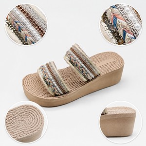 Sandales <span class=keywords><strong>compensées</strong></span> légères et antidérapantes en EVA pour femmes, personnalisables OEM, ornées de perles, de paillettes, de paille et de strass, pour soirée - Product Image 2