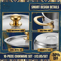 10 Buah Set Peralatan Masak Stainless Steel Modern Ramah Lingkungan Ukuran Besar 18-26cm Panci Saus Tutup Stainless Steel Berlapis Kaca Gagang Emas