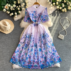 <span class=keywords><strong>Robe</strong></span> <span class=keywords><strong>longue</strong></span> élégante à col montant imprimé floral en dentelle, style vintage rétro français, pour femme, avec fente et taille ajustée - Product Image 3