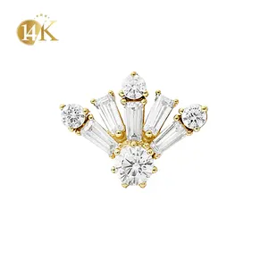 Calendo Fine Piercing Jewelry Baguette Cluster CZ Stones 14K Solid Yellow Gold Internally Threaded Labret End Piercing