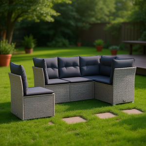 Conjunto de Sofás de Jardín de Mimbre Sintético, 5 Piezas, Muebles de Exterior Resistentes a la Intemperie, Diseño Contemporáneo, Estructura de Acero, Gris - Product Image 2