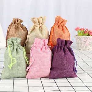 Ucuz geri dönüşümlü renkli düz keten ipli çanta özel Logo Muslin doğal organik keten jüt İpli çanta