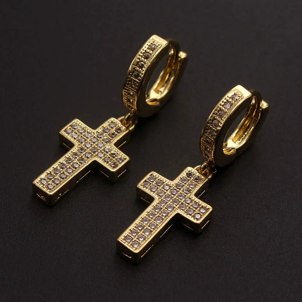 2022 Women Fashion Cubic Zirconia Cross Earrings Religion Dangle Earrings Fine Jewelry 18K Gold Plated Copper Men Brincos Gift