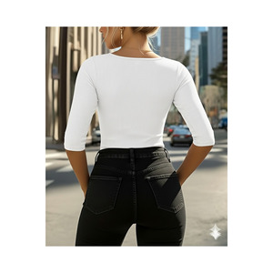 Chemisier côtelé blanc à manches capri et col rond pour femme, coupe ajustée, tenue décontractée - Product Image 4