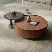 Table basse circulaire en noyer de style minimaliste mi-moderne pour petit appartement, avec rangement, combinaison moderne de luxe léger