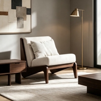 Fauteuil en Bois de Buis Massif Wabi Sabi, Style Bio-Moderne, Siège en Tissu Texturé Crème, Chaise Longue, Vente en Gros, Fournisseur OEM Personnalisé, Faible MOQ