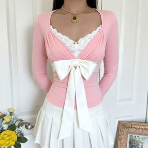 Camiseta de Punto de Manga Larga con Bloques de Color, Lazo, Encaje y Diseño de Dos Piezas Falsas, Estilo Dulce y Casual para Mujer - Product Image 1