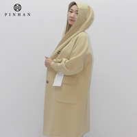 Longue longueur dame laine veste Beige manteau casual vêtements d'extérieur pour femmes avec capuche deux grandes poches sur le devant personnalisé filles vêtements