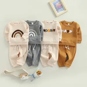 Set Pakaian Bayi Baru Lahir, 2Pcs Warna Netral, Celana Sweatsuit, Boho Wafel Rajut Pelangi Bayi Laki-laki Perempuan