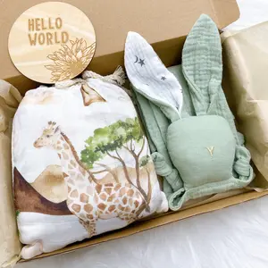有机棉婴儿花卉合身婴儿床床单围兜婴儿兔子被子毛巾和木制里程碑新生儿礼品套装