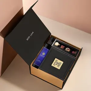 Custom Logo Luxury Rigid Cardboard Big Hamper Packaging Black Paper Gift Box With Magnet Flap Closure
