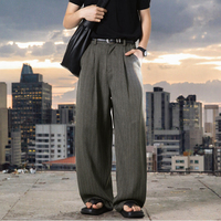 Celana Pria Vintage Bergaris Model Drape Tekstur Longgar Lurus Gaya Old Money Kasual Modis Kaki Lebar Bahan Katun