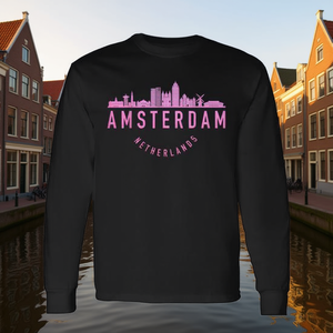 T-shirt unisexe à manches longues et col rond imprimé en sérigraphie Skyline d'Amsterdam aux Pays-Bas pour adultes - Product Image 3