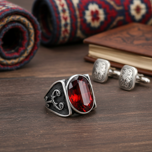 Ottoman Figures Design Oval Shape Garnet Gemstone Authentic <b>Men</b> <b>Ring</b> Turkish Wholesale Handmade 925 Sterling <b>Silver</b> for <b>Men</b> - Product Image 3