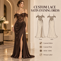 Robe de soirée personnalisée pour femme, en satin, avec corsage en dentelle florale, drapé froncé, bretelles spaghetti et fente haute, pour occasions formelles
