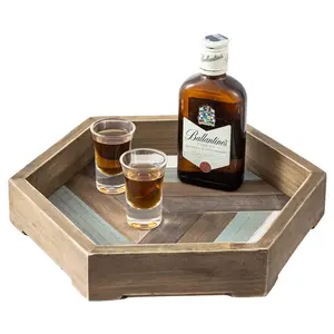 OKSQW High Quality Vintage Hexagonal Wooden Tray with Multicolored Stripes for Living Room Home Decor