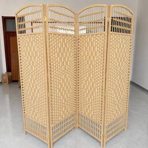 Modern Movable 4 Arched Woven Fiber Room Divider Paper Rope Folding Screen Natural Beige Rattan Frame Braided - Product Image 3