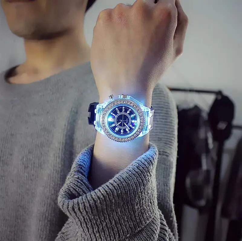 Cheap Luminous Watch Women quartz watches Men Colorful Glow In Dark With Silicone Strap Flashing Watch