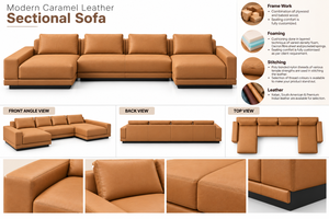 Sofá en Forma de U de Cuero Marrón Caramelo de Lujo con Estilo Contemporáneo, Generosa Disposición de Múltiples Asientos y Elegante Mueble de Salón - Product Image 4