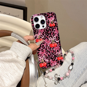 Glitter Leopard Bow Cherry Mobile Phone case for iPhone 17 16 15 14 13 Pro Max charms Love IMD Chain pink PC back <b>Cover</b> New - Product Image 3