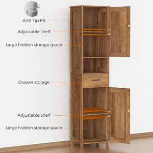 Armoire de rangement haute noire pour salle de bain avec portes coulissantes, meuble de rangement autoportant avec tiroir et compartiment ouvert pour petits espaces - Product Image 4