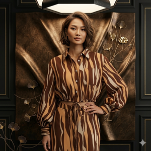 Women's Striped Balloon Sleeve Blouse Shirt Collar Loose Fit With Pocket And Tie Waist Casual <b>Top</b> Full Sleeve Chiffon Material - Product Image 2