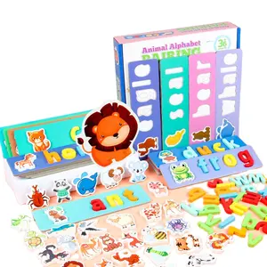 Hot sale cartoon Animal Card Board Matching Puzzle Game Montessori wooden toy Learning Journey Numbers and Alphabets Flash Cards