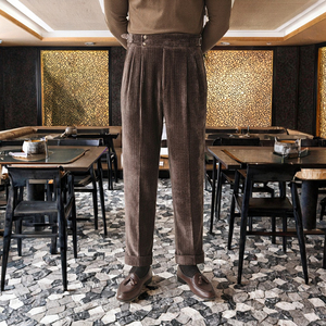 Pantalon de costume d'affaires taille haute en velours côtelé d'hiver pour hommes, avec boutons <span class=keywords><strong>Paris</strong></span>, droit, sans repassage, avec devant plat, service OEM disponible - Product Image 3