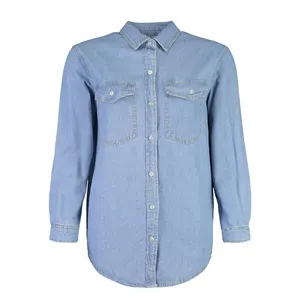 Design de printemps, chemises en jean bleu clair surdimensionnées pour femmes, lavées à l'eau de javel, chemises en jean uni pour femmes