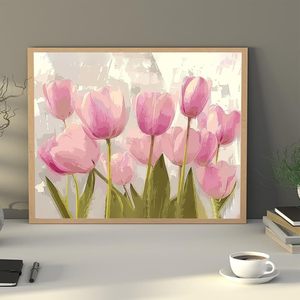 Set di Dipinti a Olio Stampati, Motivo Tulipani Rosa, Fiori Dipinti ad Acrilico, Decorazione per Camera da Letto, Quadro Decorativo per Casa - Product Image 3