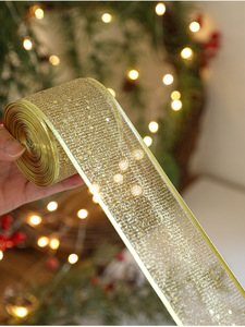 Factory Christmas Custom <b>Silver</b> Gold Hot Stamping Christmas <b>Wire</b> Edged Ribbon Sheer Organza Printed Ribbon for Gift Package - Product Image 5