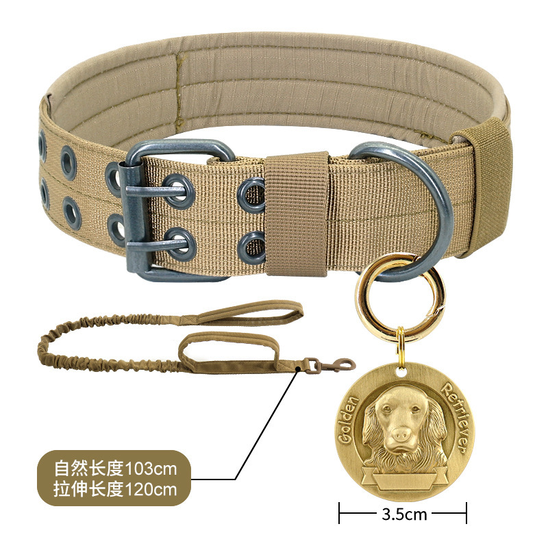 Khaki-elastic rope-perforated collar-golden retriever tag