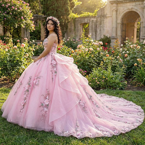 6865 Vestido de Quinceañera Moderno Vintage Rosa Natural con Apliques Florales 3D y Bordado Estampado, Cola Capilla - Product Image 1